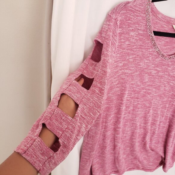 Terra & Sky Pink 3/4 Unique Sleeves Beaded V Neck Blouse Plus Size 0X (14w) - Picture 7 of 15